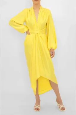Carla Zampatti V-Neck Waterfall Midi Dress Yellow Size 10 for rent on The Volte - image 1