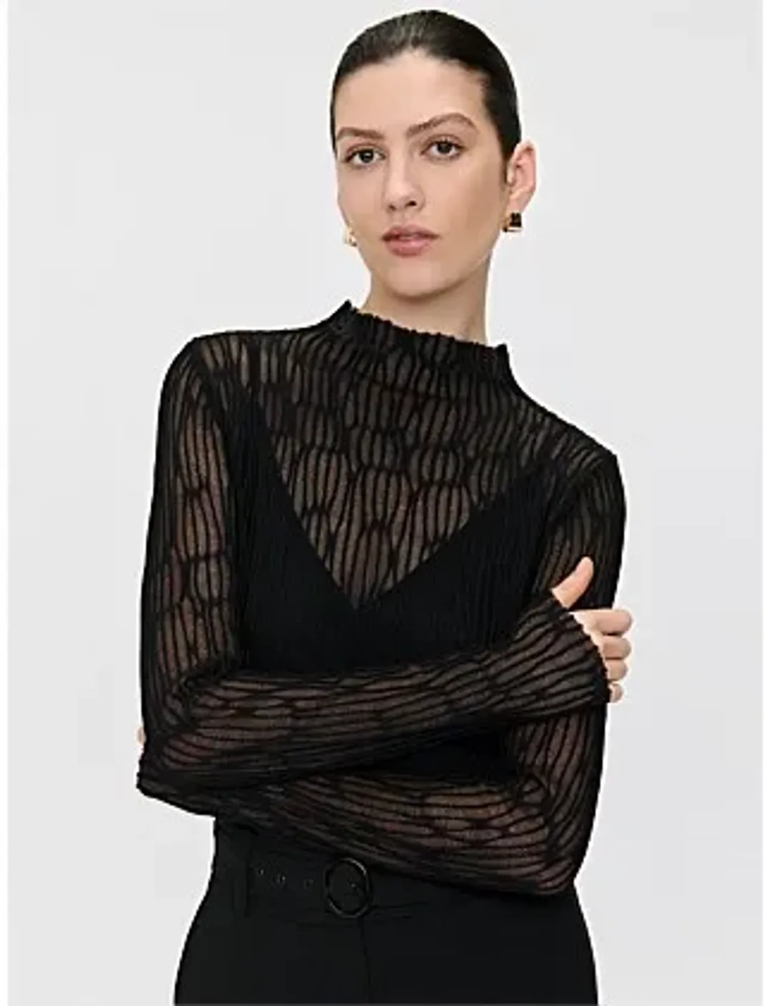 Veronika Maine Sheer Wave Funnel Neck Knit Black Size for rent on The Volte - main image