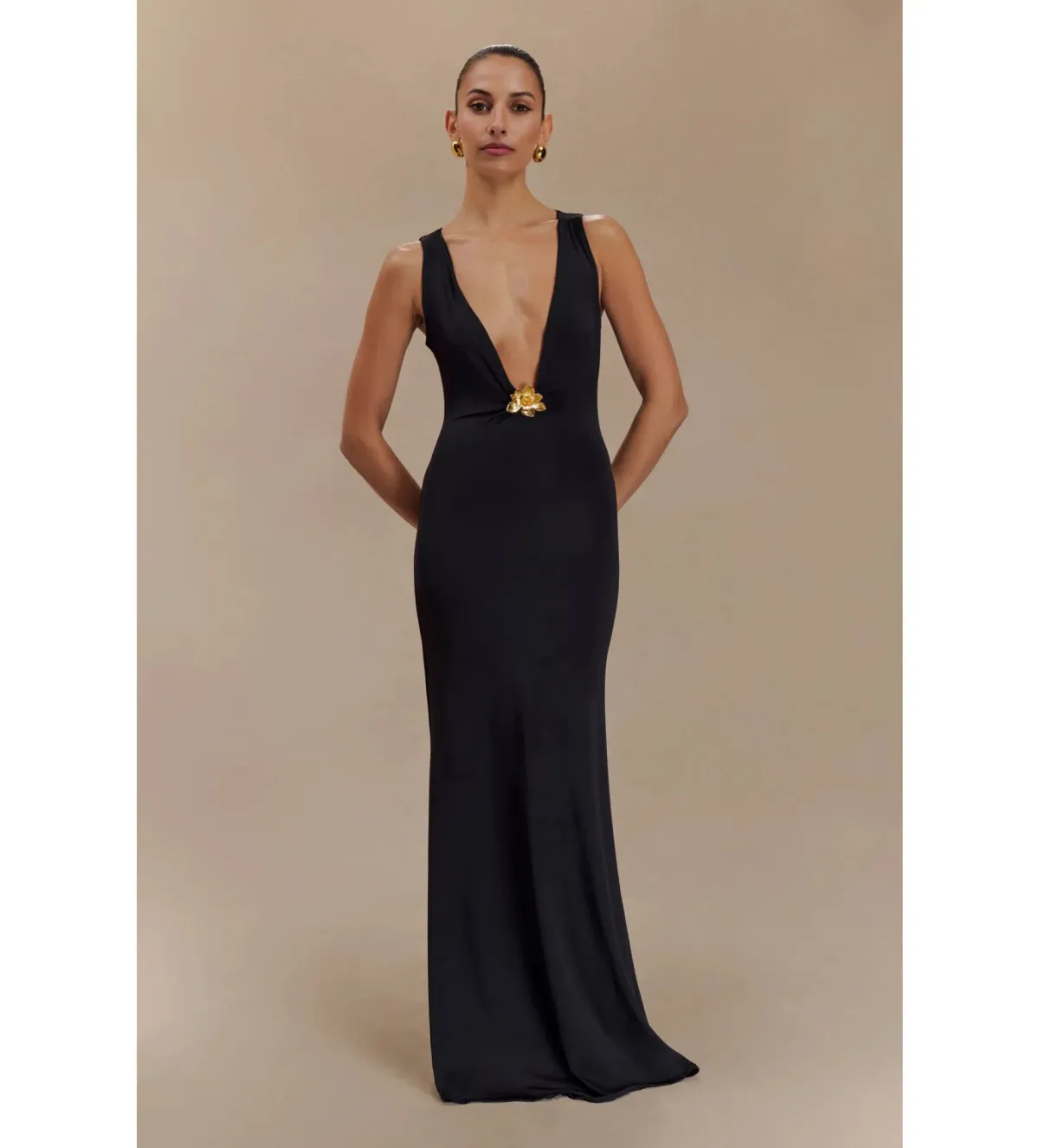 MESHKI Beck Plunge Maxi Dress Black with Floral Hardware Size S AU 8 - Image 1