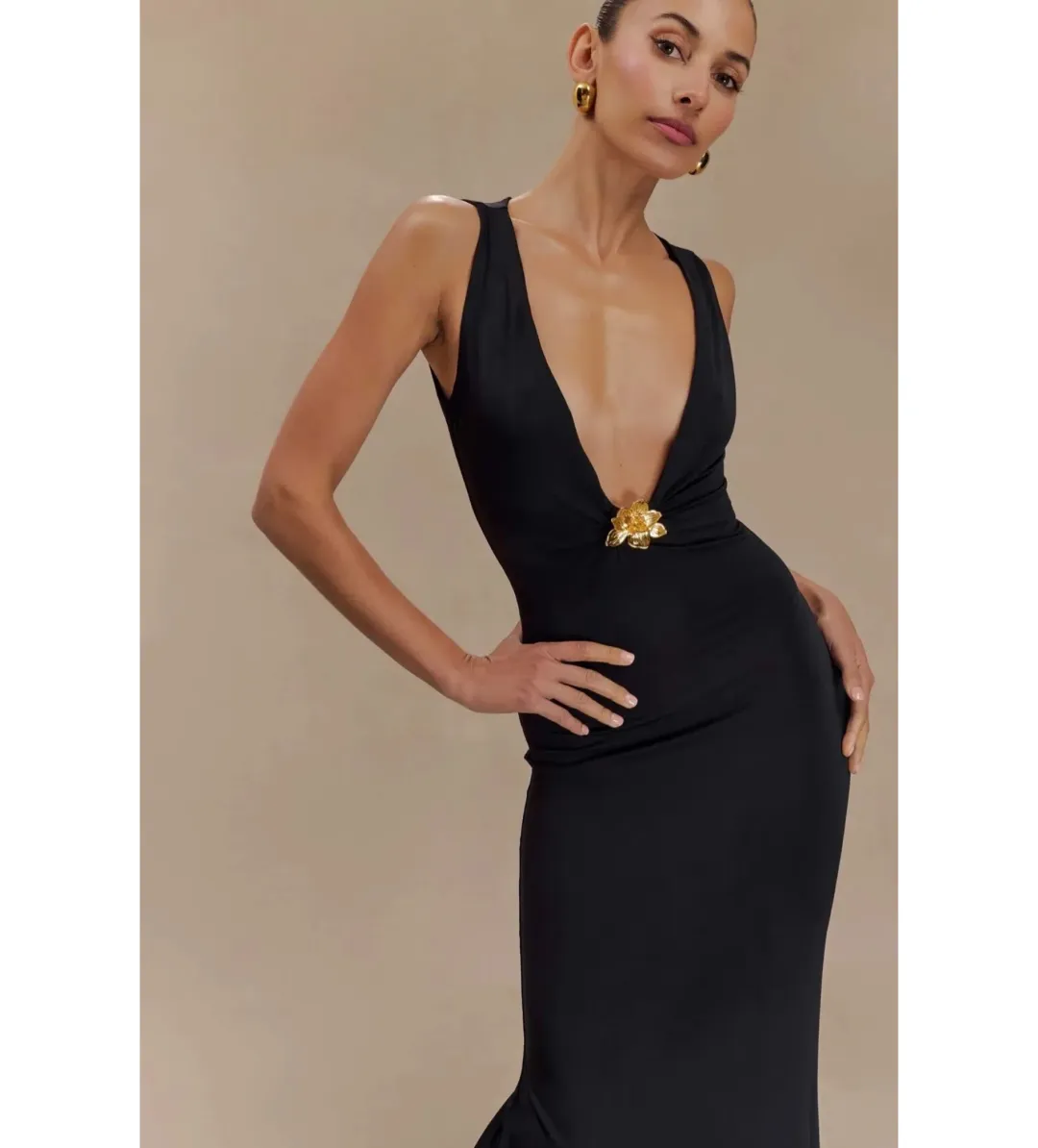 MESHKI Beck Plunge Maxi Dress Black with Floral Hardware Size S AU 8 for rent on The Volte - main image