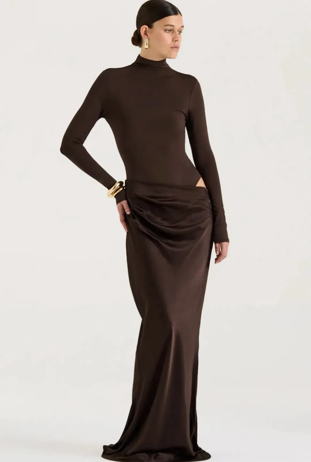 Henne Soraia Long Sleeve Maxi Dress Chocolate Size XS / Size AU 6 for rent on The Volte - main image
