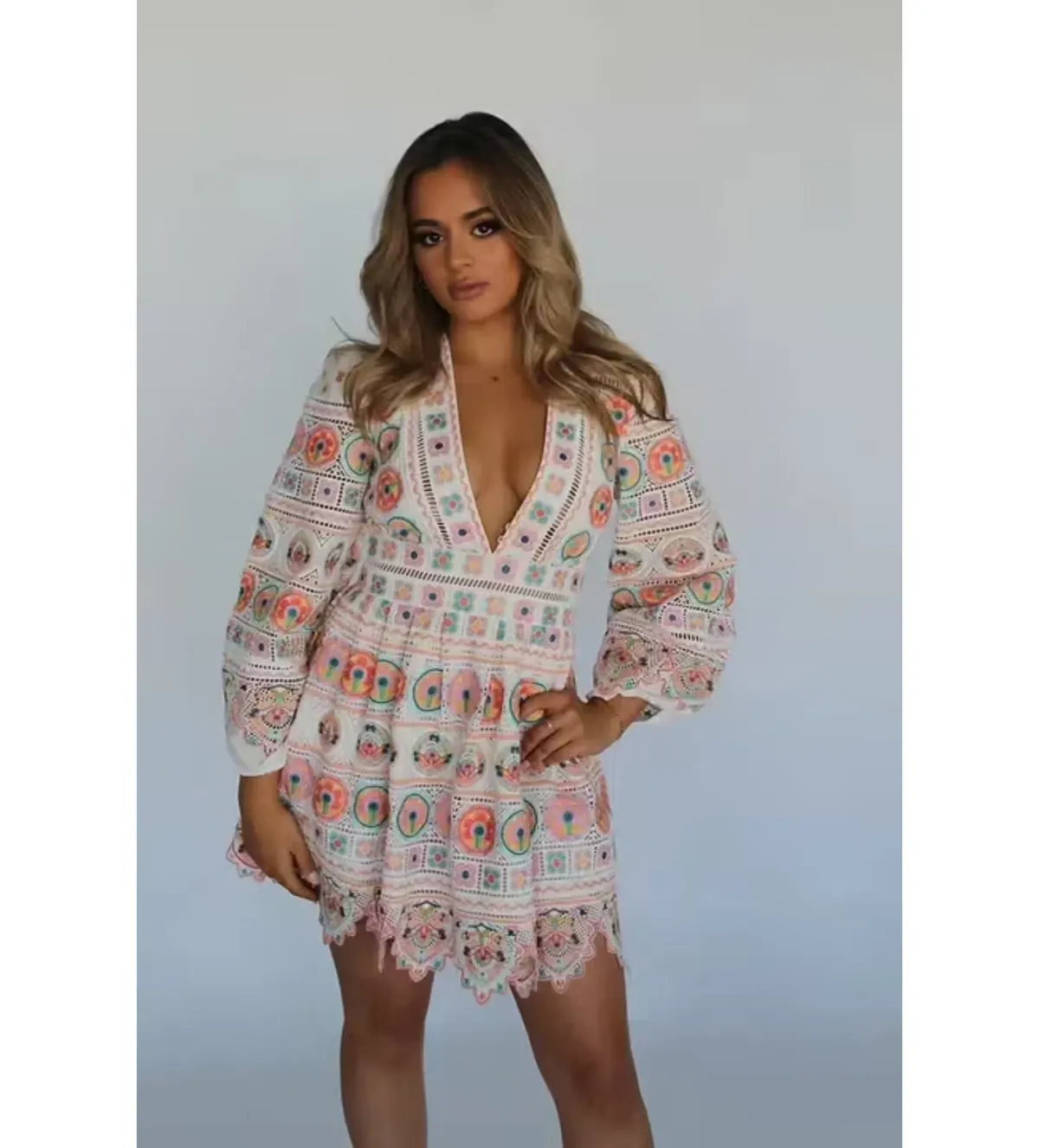 Zimmermann Brighton Plunge Embroidered Floral Mini Dress in Multi Size 0/ 8 AU - Image 3
