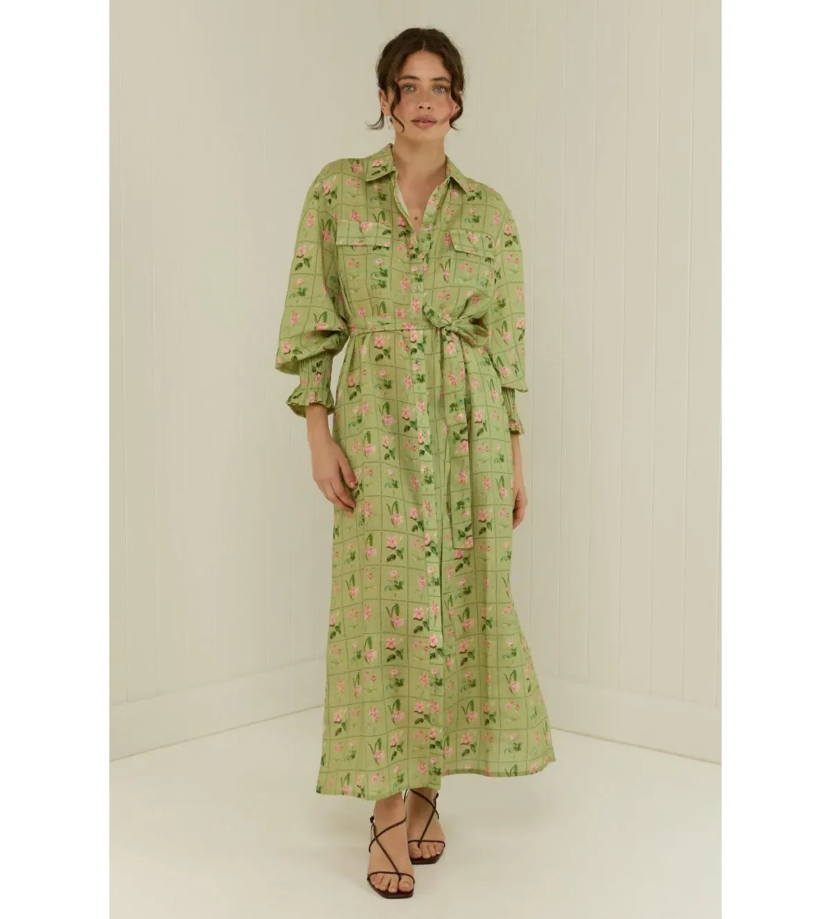 Palm Noosa Marigold Maxi Dress Green Floral Tile Size 8 - Image 1
