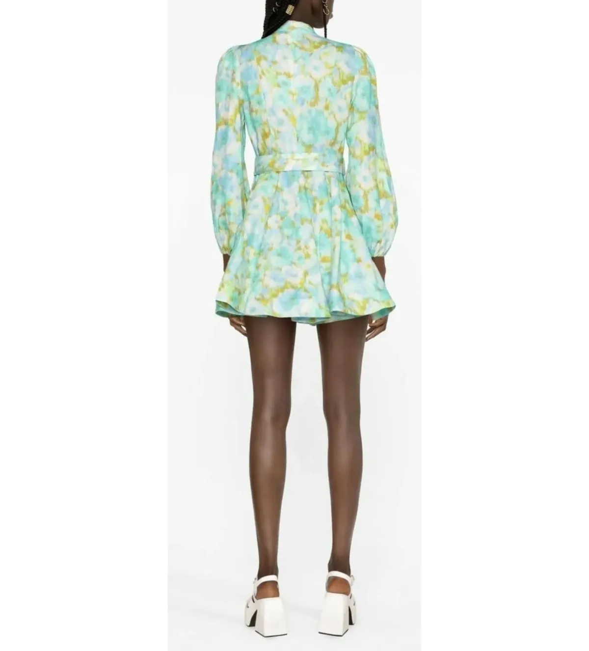 Zimmermann High Tide Buttoned Mini Dress Aqua Ikat Floral Size 0 AU 8 - Image 4