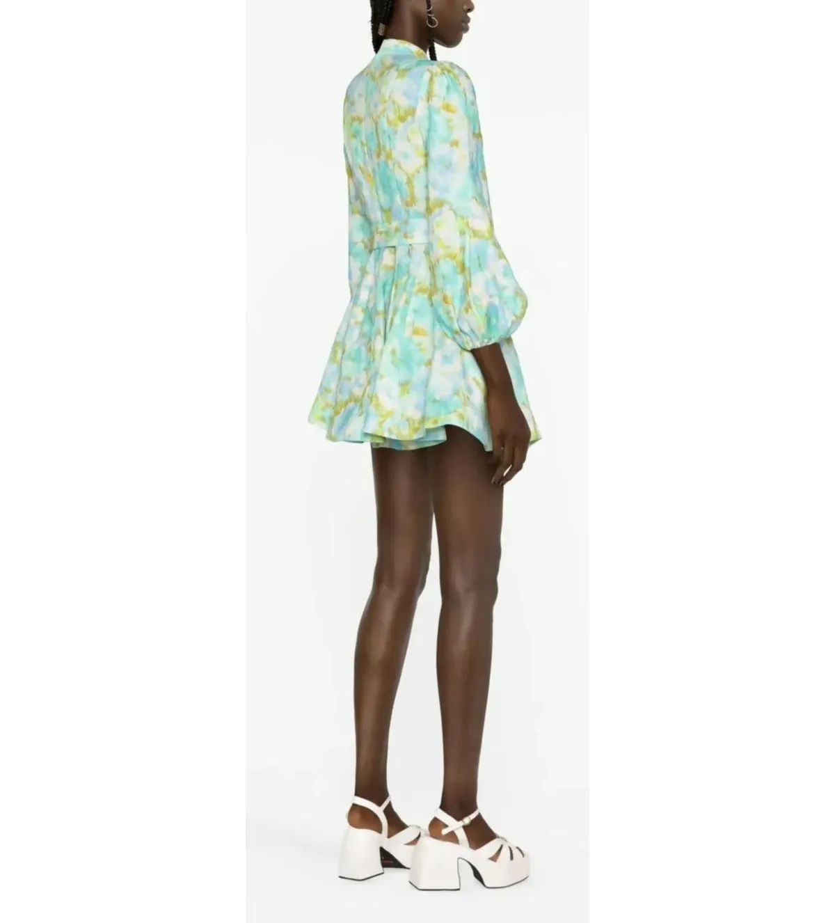 Zimmermann High Tide Buttoned Mini Dress Aqua Ikat Floral Size 0 AU 8 - Image 3