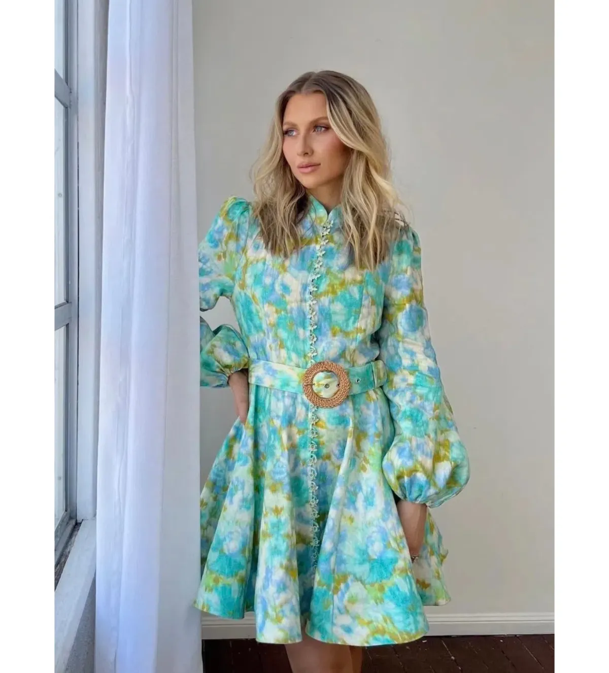 Zimmermann High Tide Buttoned Mini Dress Aqua Ikat Floral Size 0 AU 8 - Image 5