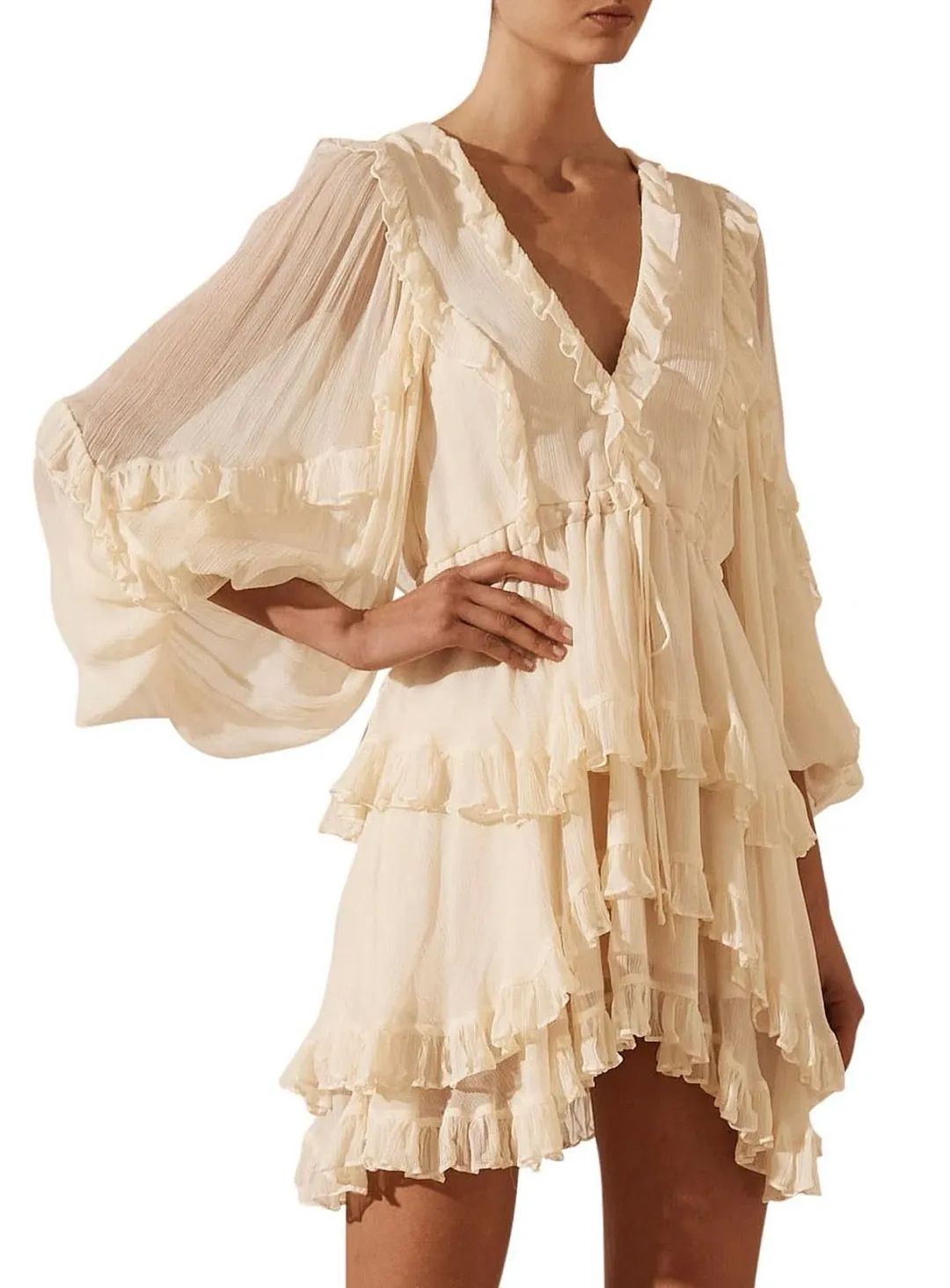 Shona Joy Iris Balloon Sleeve Mini Dress Cream Size AU 8 for rent on The Volte - main image