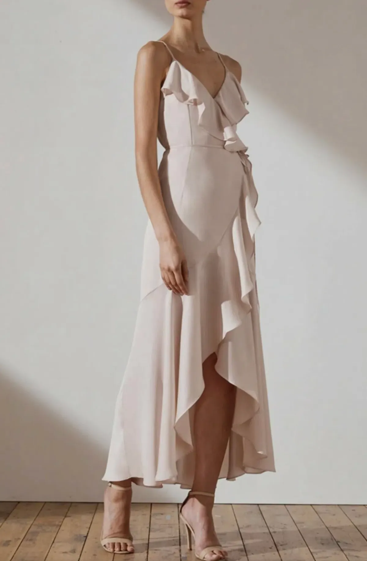 Shona Joy Luxe Bias Frill Wrap Midi Dress Porcelain Size 10 for rent on The Volte - main image