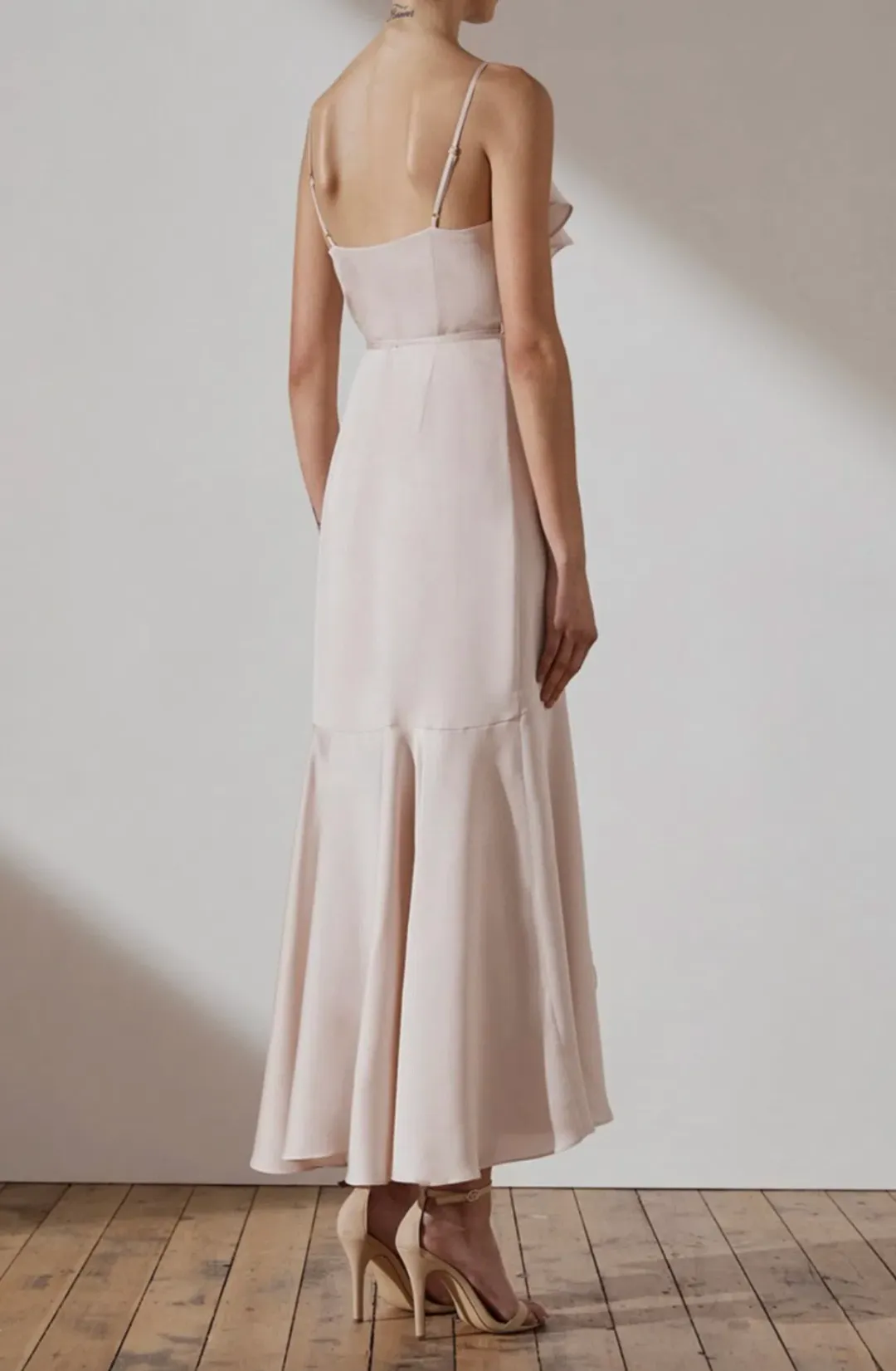 Shona Joy Luxe Bias Frill Wrap Midi Dress Porcelain Size 10 for rent on The Volte - main image