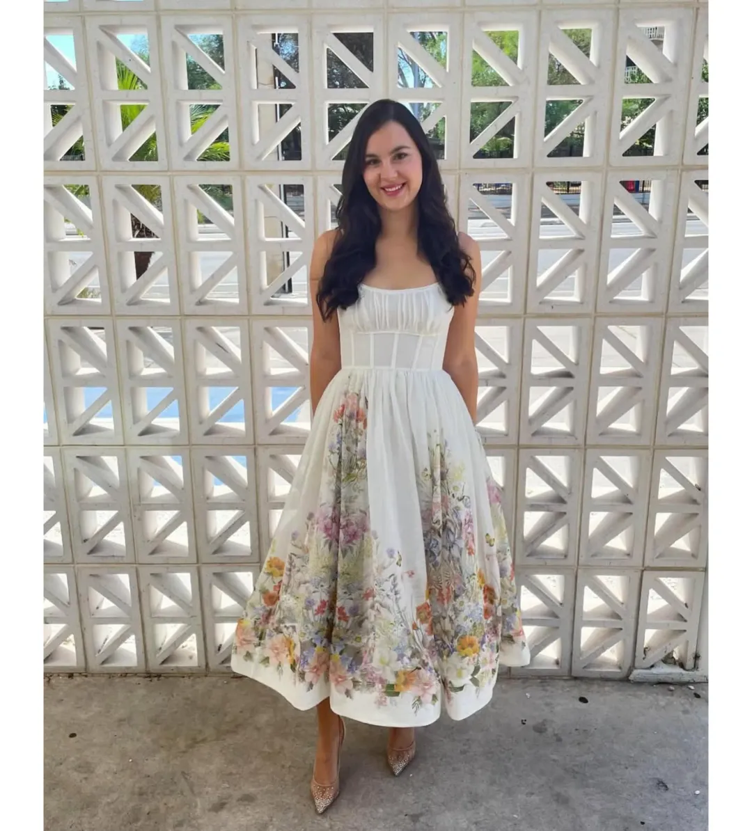 Zimmermann Natura Ruched Midi Dress in Ivory Wild Flowers Size 0 / AU 8 for rent on The Volte - main image