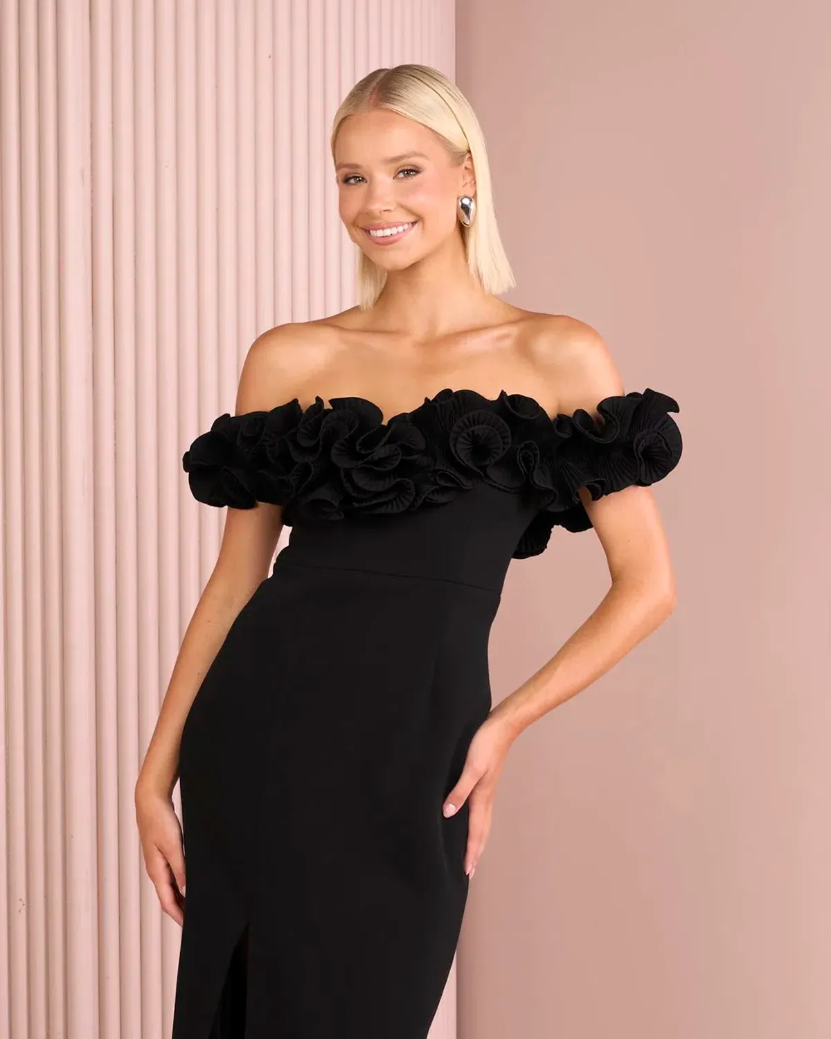 Elle Zeitoune Farley Frill Off Shoulder Maxi Gown Black Size AU 10 - Image 2