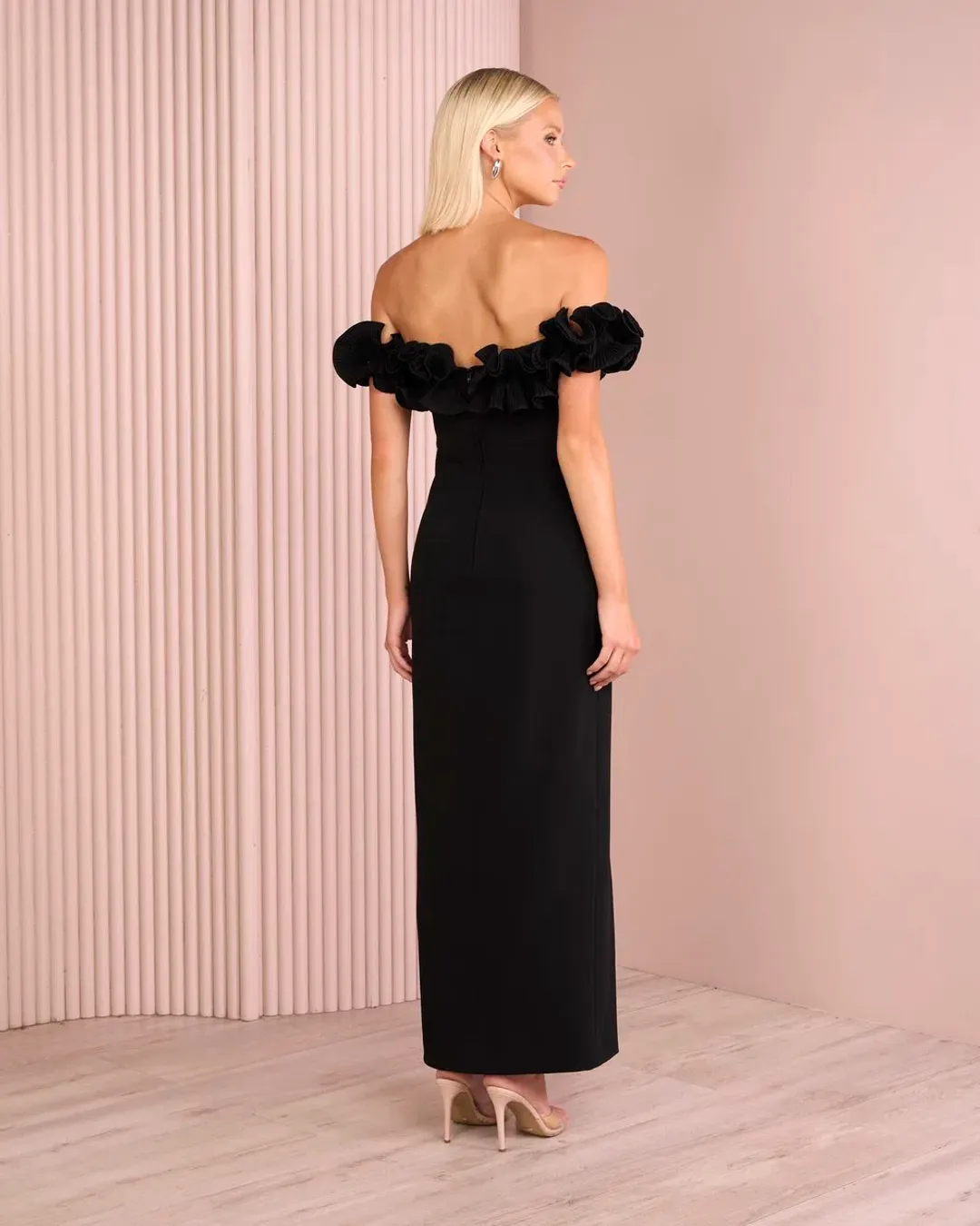 Elle Zeitoune Farley Frill Off Shoulder Maxi Gown Black Size AU 10 for rent on The Volte - main image