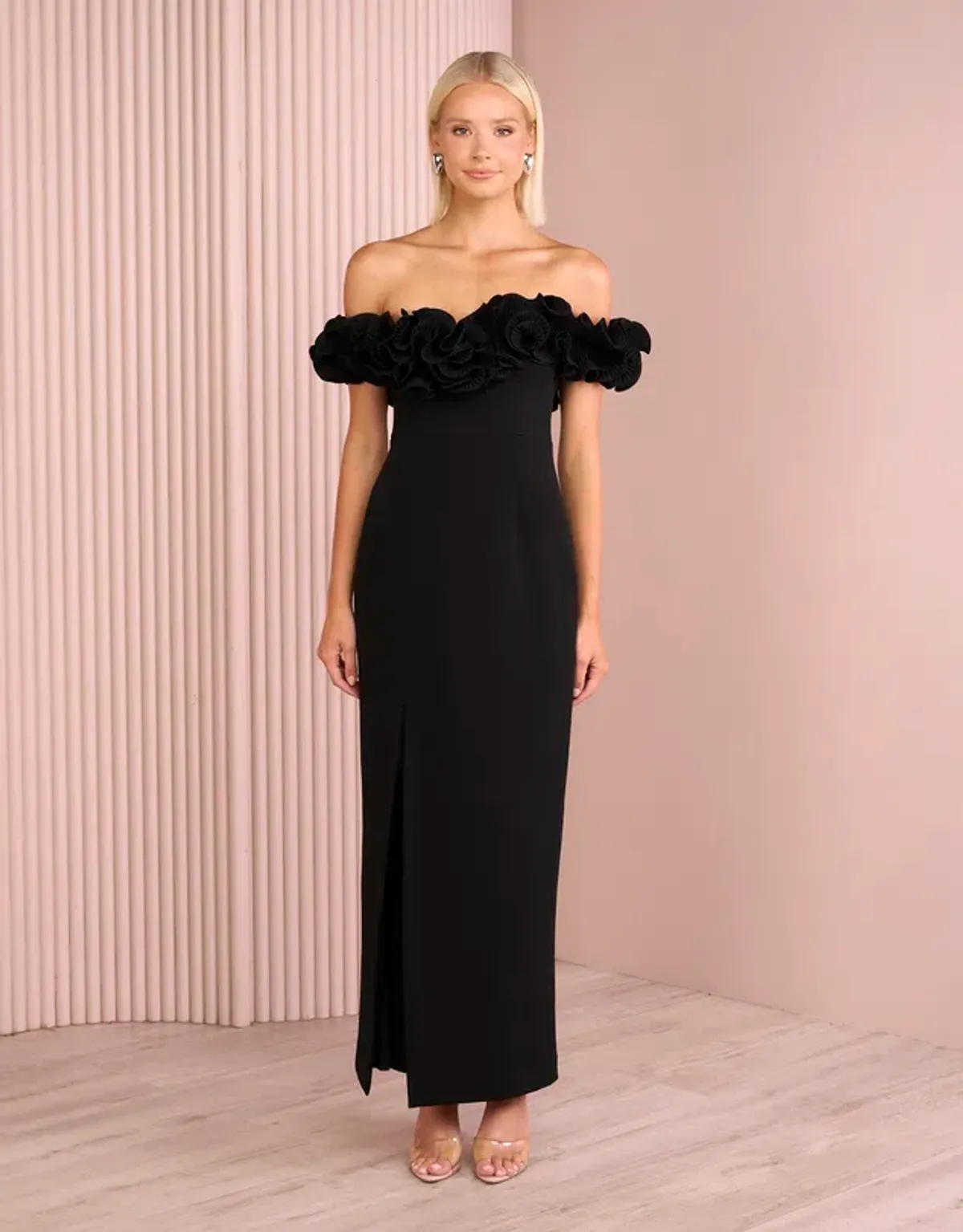 Elle Zeitoune Farley Frill Off Shoulder Maxi Gown Black Size AU 10 - Image 1