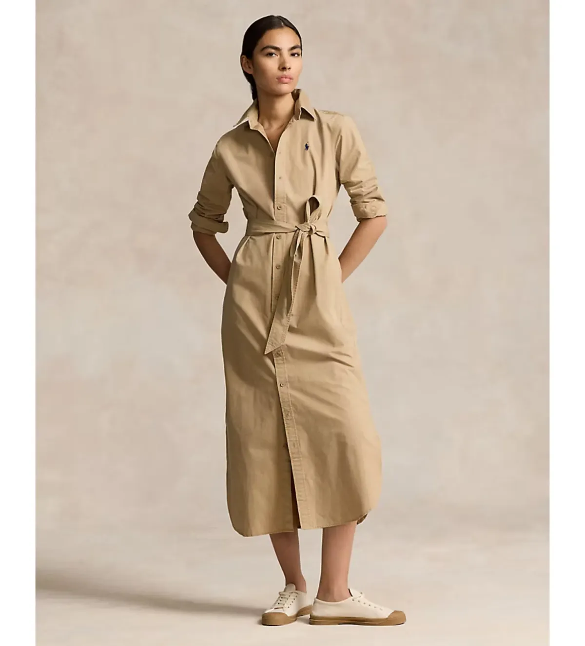 Ralph Lauren Polo Belted Cotton Midi Shirt Dress Beige Size 10 - Image 1