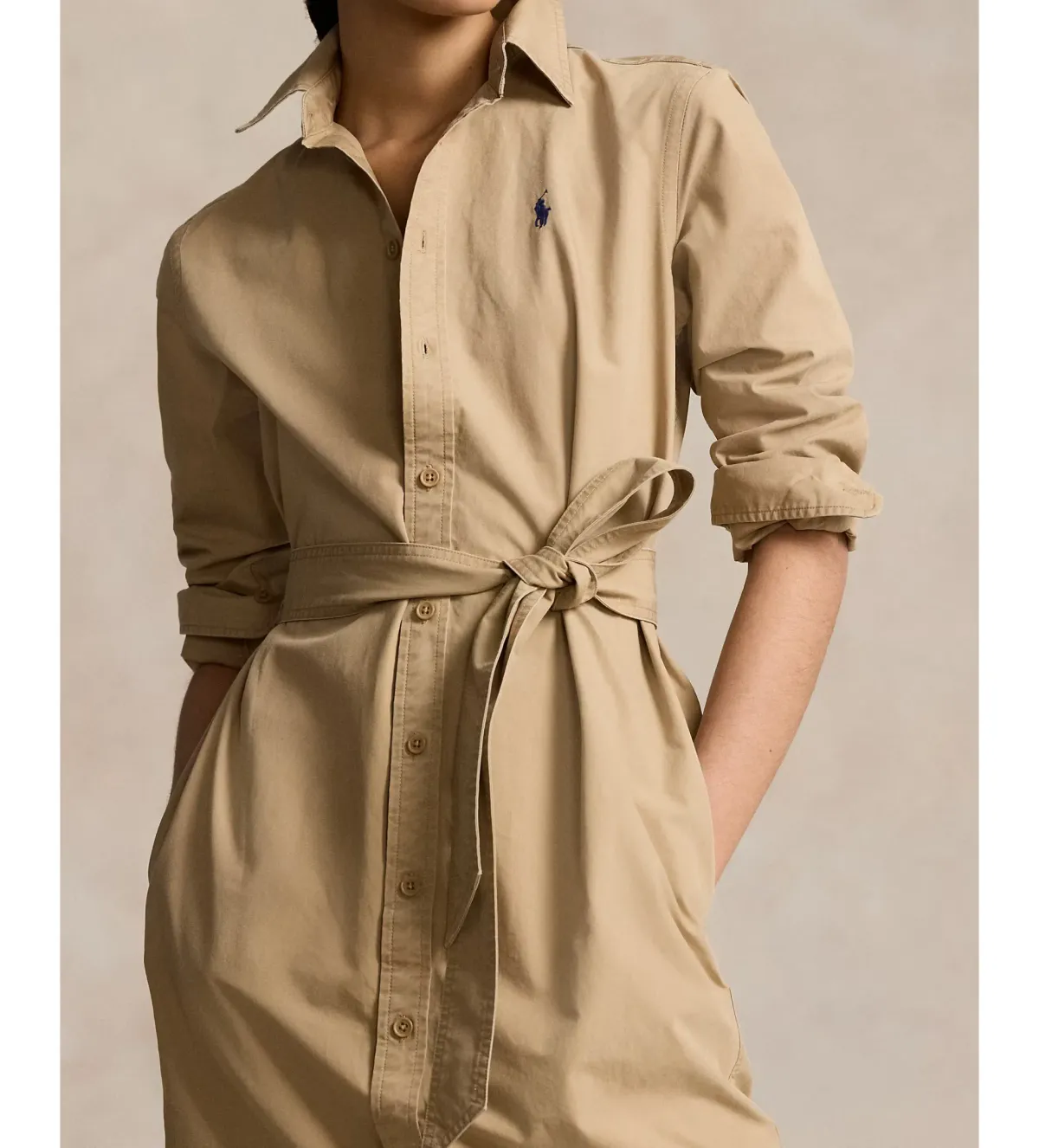Ralph Lauren Polo Belted Cotton Midi Shirt Dress Beige Size 10 - Image 3