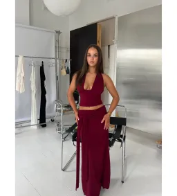 LaMarie Sofia Halter Top and Low Rise Sash Maxi Skirt Set Wine Size S/ 8 for rent on The Volte - image 2