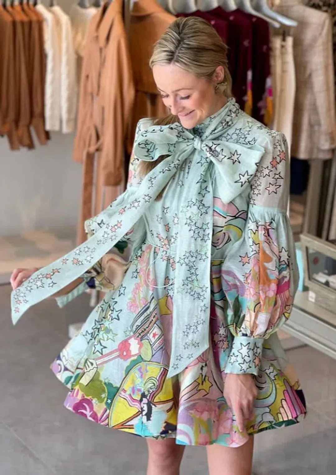 Zimmermann Concert Tie Neck Mini Dress Print Size AU 12 for rent on The Volte - main image