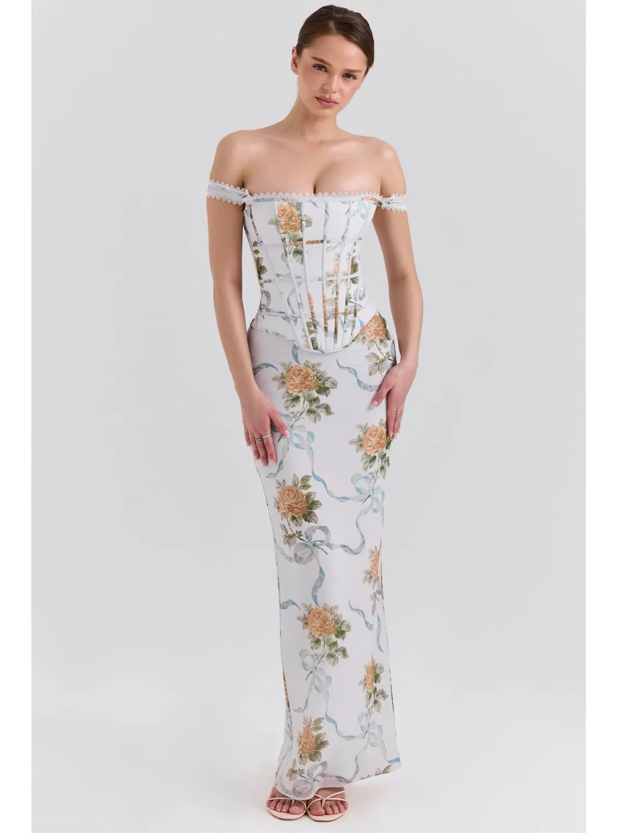 House of CB Isis Corset Maxi Dress in Soft Blue Vintage Print Size S / AU 8 - Image 1