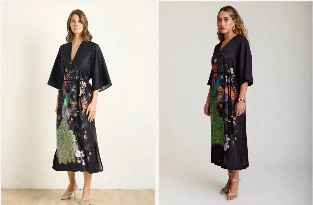 State of Embrace Peacock Kaftan Midi Dress Print Size 18 for rent on The Volte - main image