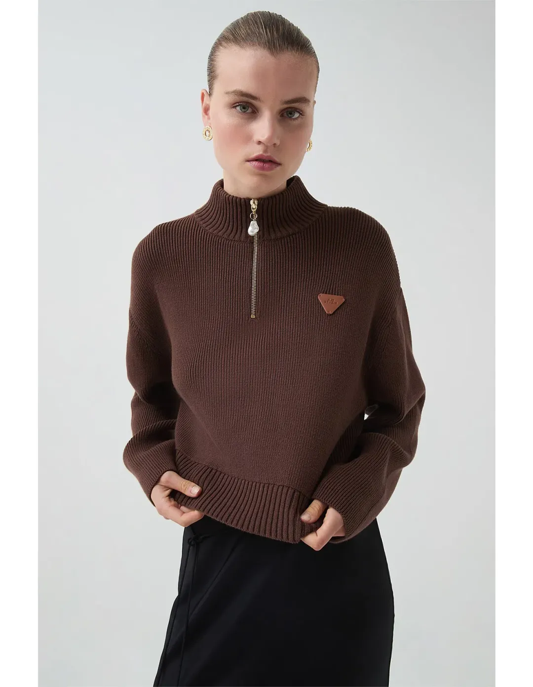 Aje Naia Quarter Zip Knit in Chocolate Brown Size for rent on The Volte - main image