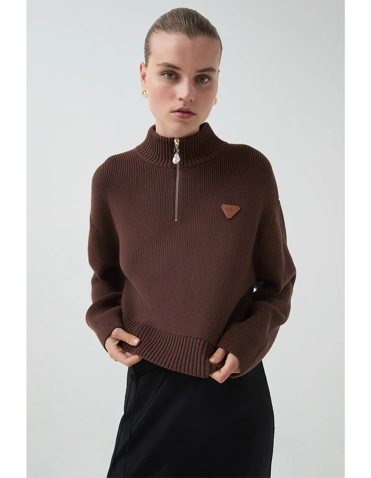 Aje Naia Quarter Zip Knit in Chocolate Brown Size - Image 2