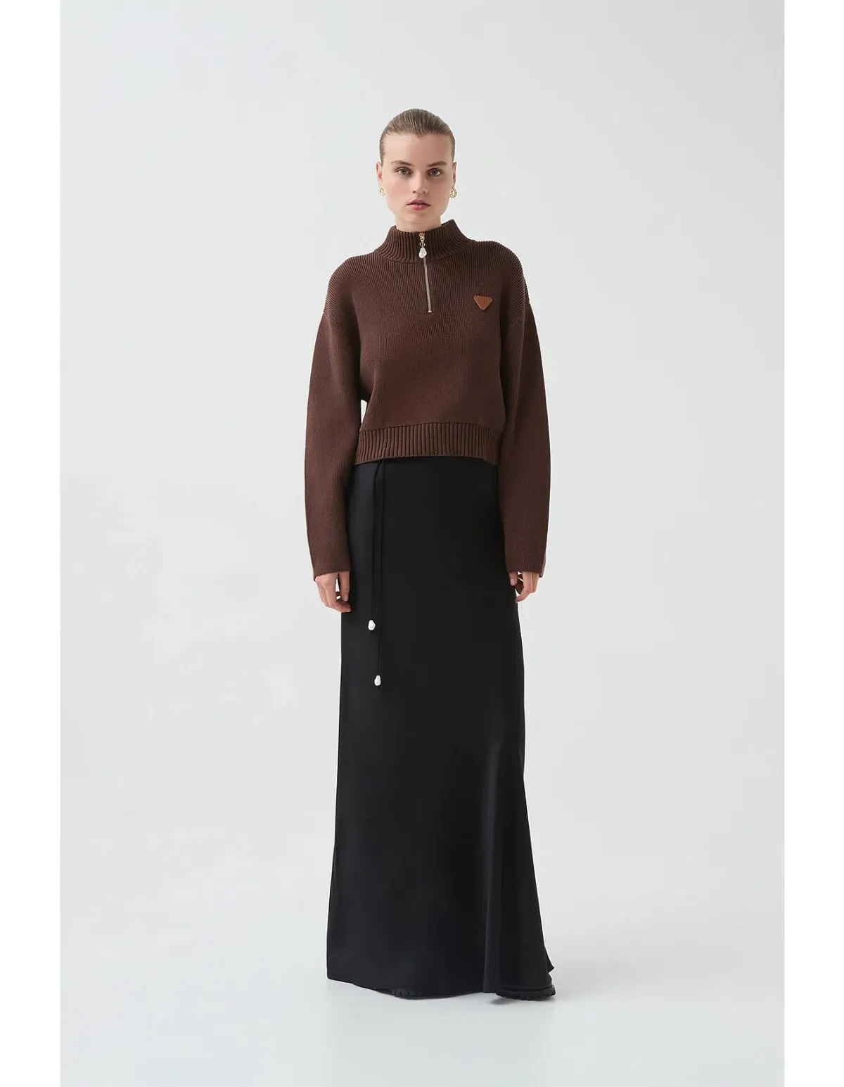 Aje Naia Quarter Zip Knit in Chocolate Brown Size - Image 1