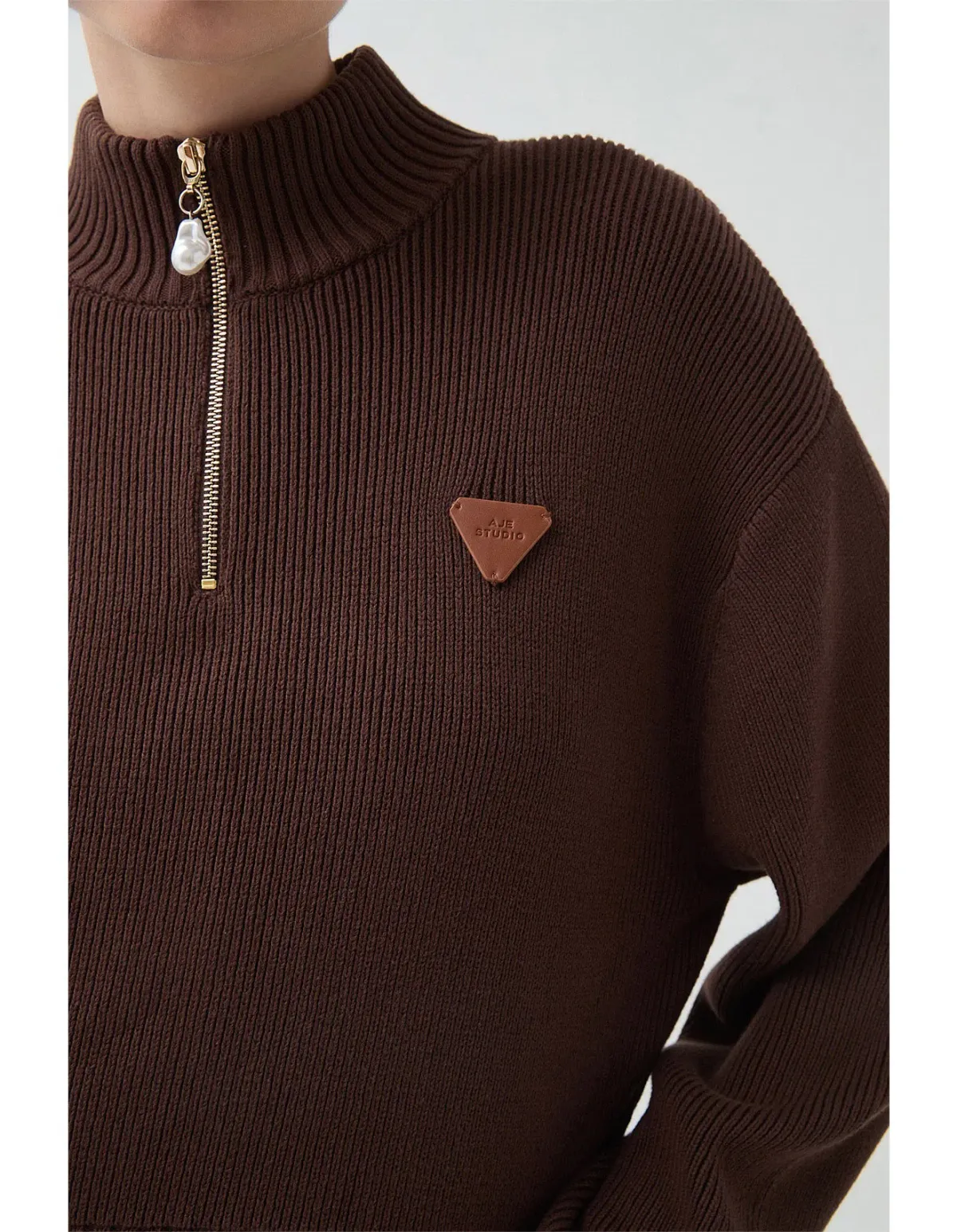Aje Naia Quarter Zip Knit in Chocolate Brown Size - Image 5