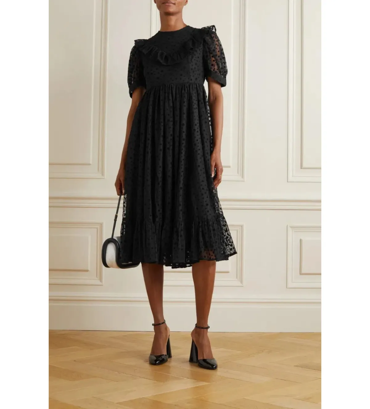Batsheva May Ruffled Polka-Dot Flocked Tulle Midi Dress Black Size AU 18 - Image 1