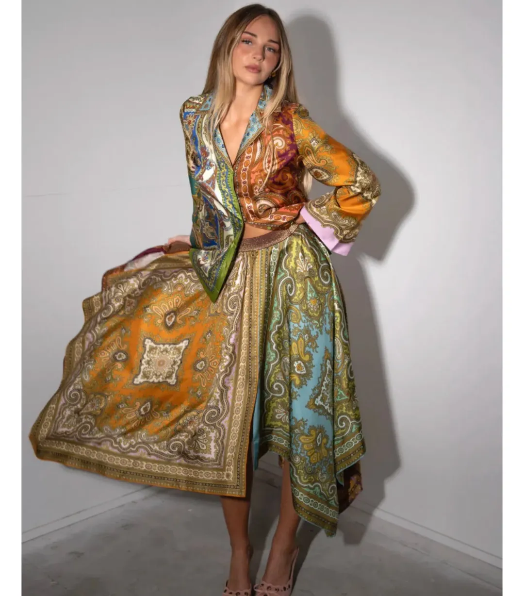 Alemais Clemenza Spliced Silk Shirt and Scarf Skirt Set Multi Size 8 for rent on The Volte - main image