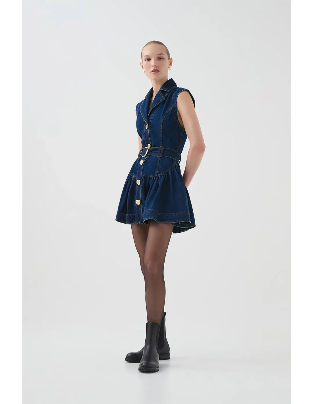 Aje Elena Belted Denim Mini Dress in Dark Classic Wash Size 10/M for rent on The Volte - main image