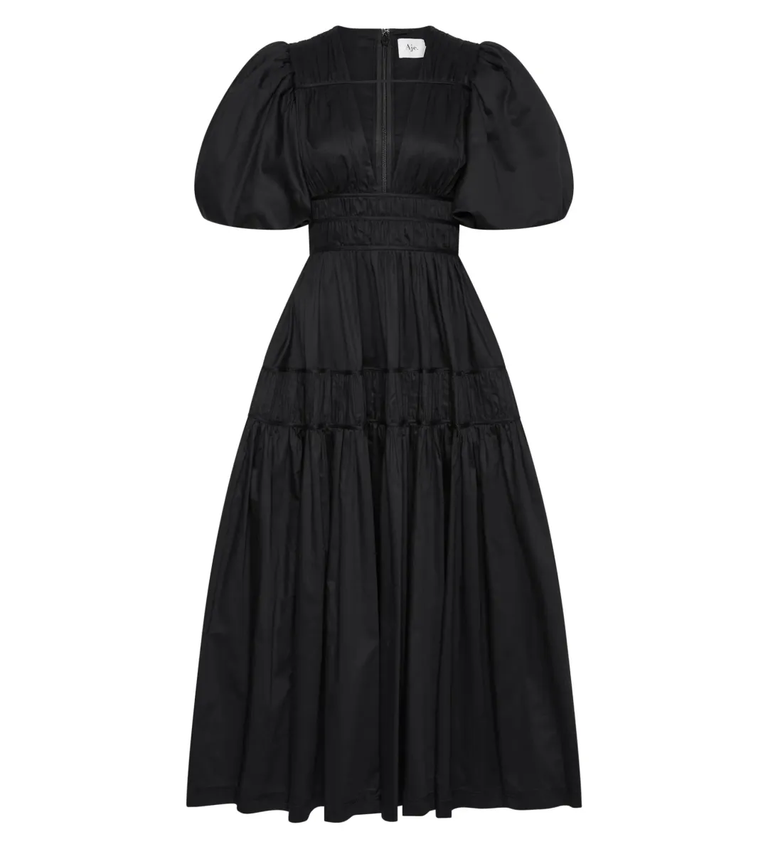 Aje Fallingwater Ruched Midi Dress in Black Size S / AU 8 for rent on The Volte - main image