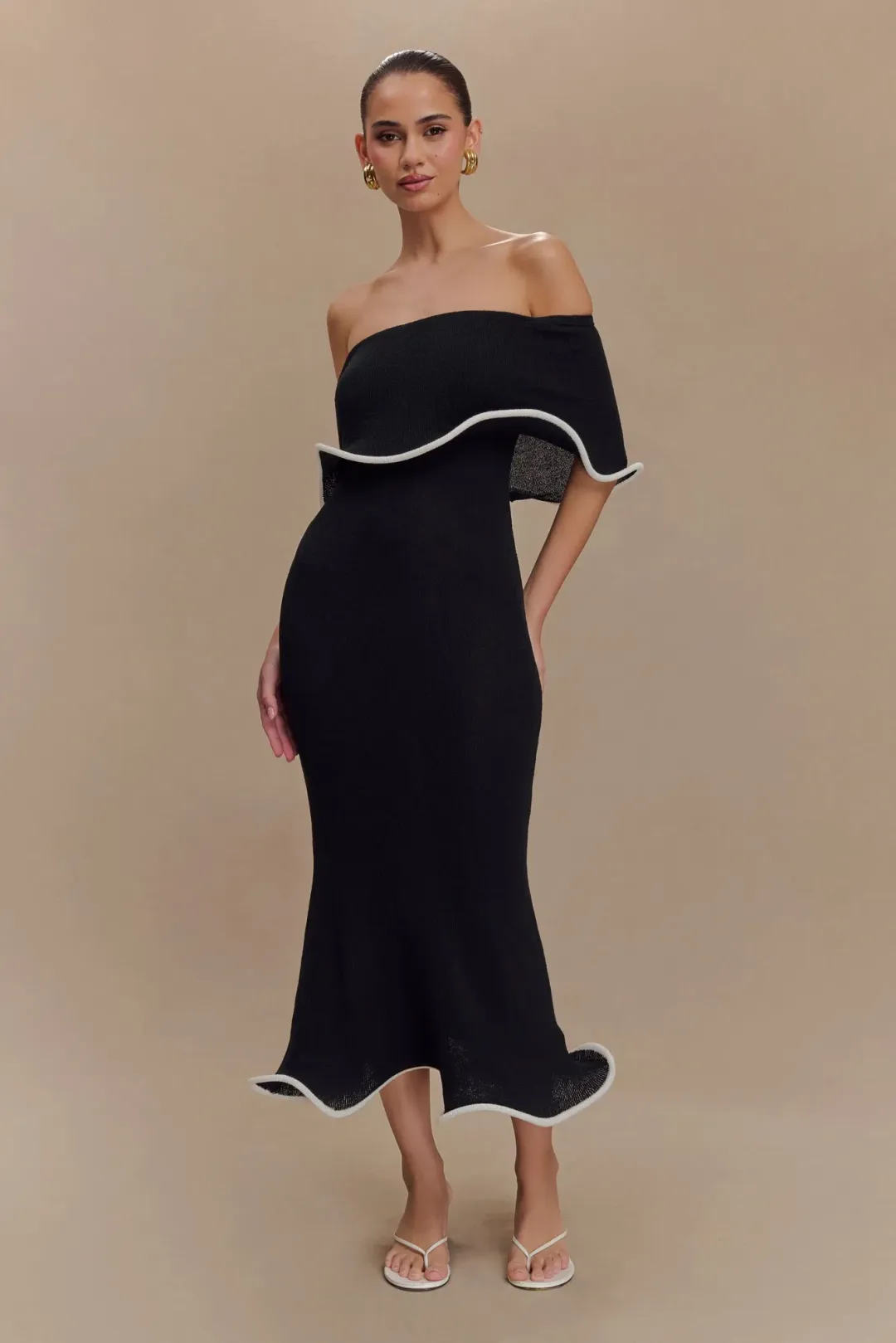 MESHKI Molly Off Shoulder Knit Midi Dress Black Size S / Size AU 8 for rent on The Volte - main image