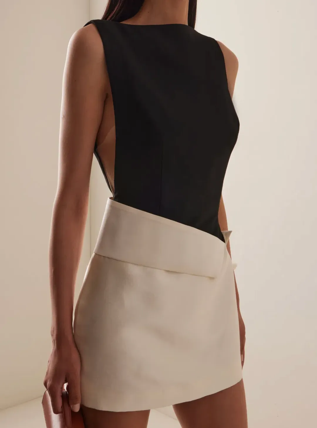 Rachel Gilbert Rikki Foldover Stretch-crepe Mini Dress In Black & white AU 10 for rent on The Volte - main image