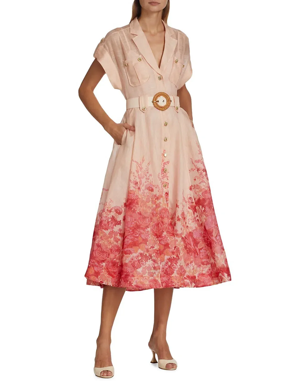 Zimmermann High Tide Midi Shirtdress Pink Ikat Floral Size 2 / AU 12 for rent on The Volte - main image