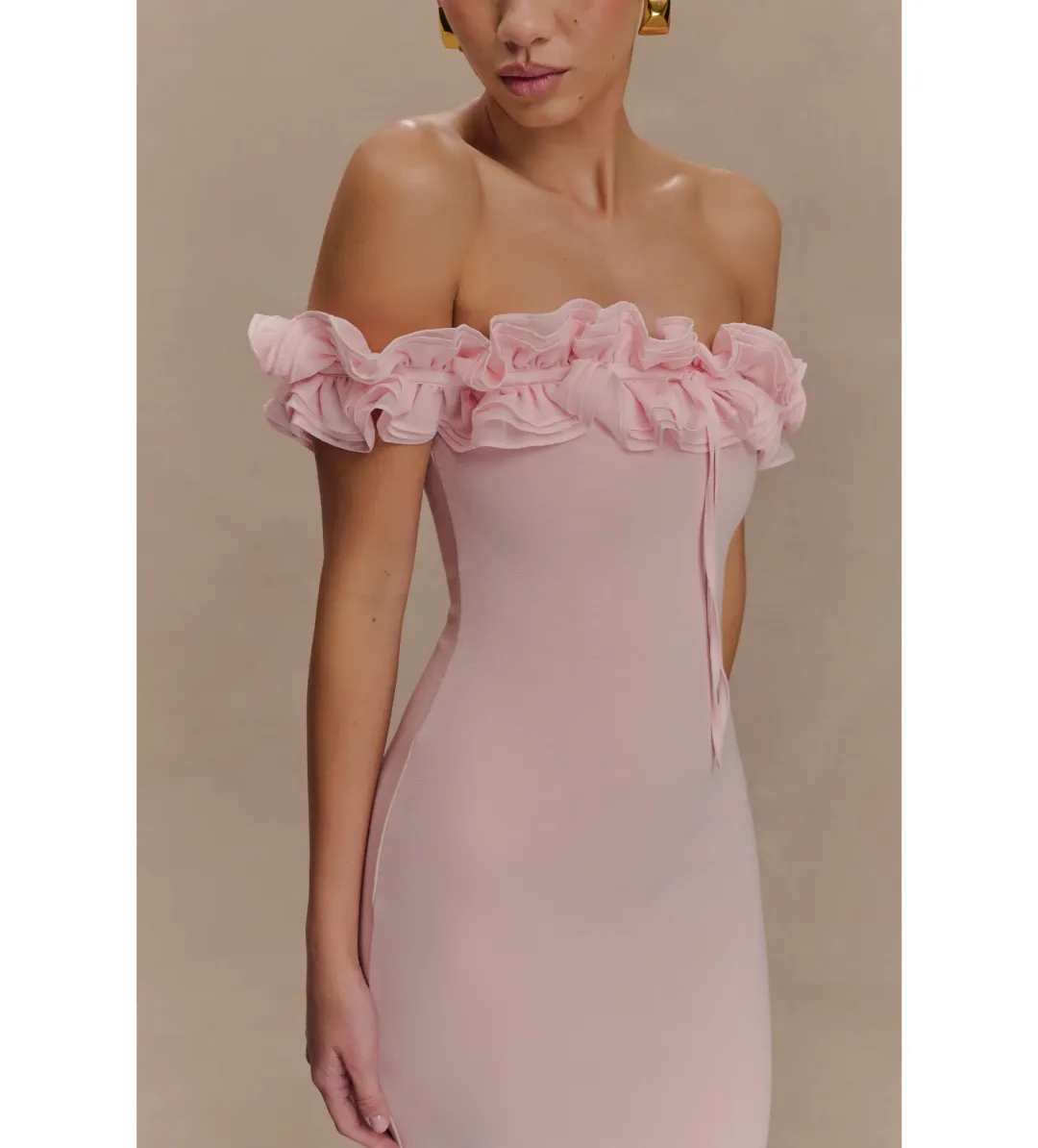 Meshki Nova Ruffle Off Shoulder Maxi Dress Ballet Pink Size 10 for rent on The Volte - main image