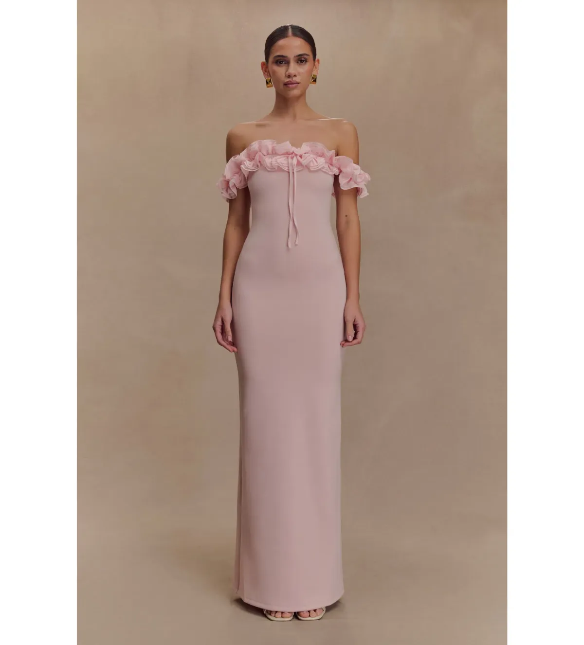 Meshki Nova Ruffle Off Shoulder Maxi Dress Ballet Pink Size 10 for rent on The Volte - main image