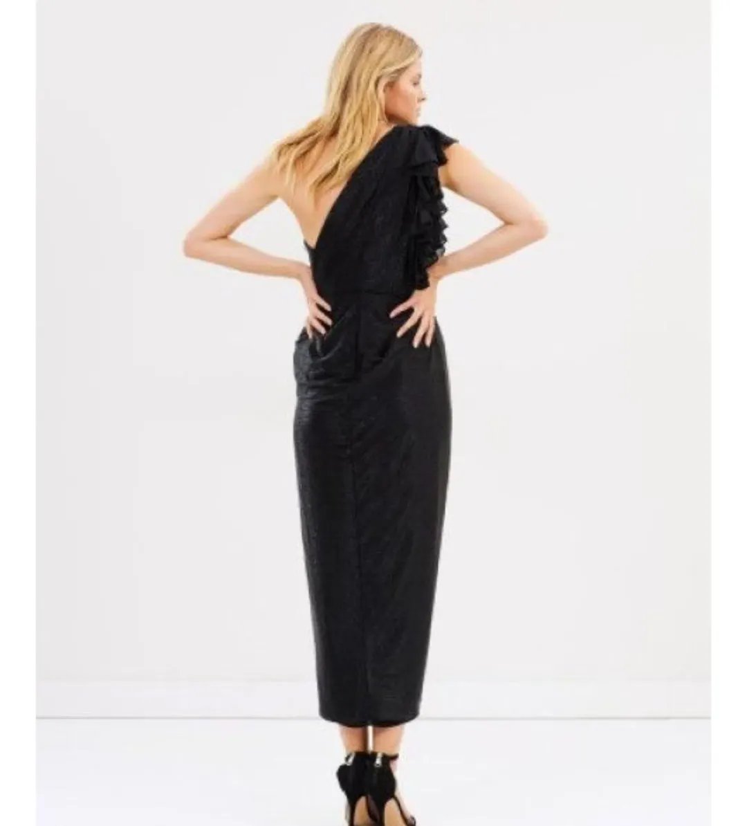 Shona Joy Cassis One-Shoulder Bustier Draped Midi Dress Black Size AU 6 for rent on The Volte - main image