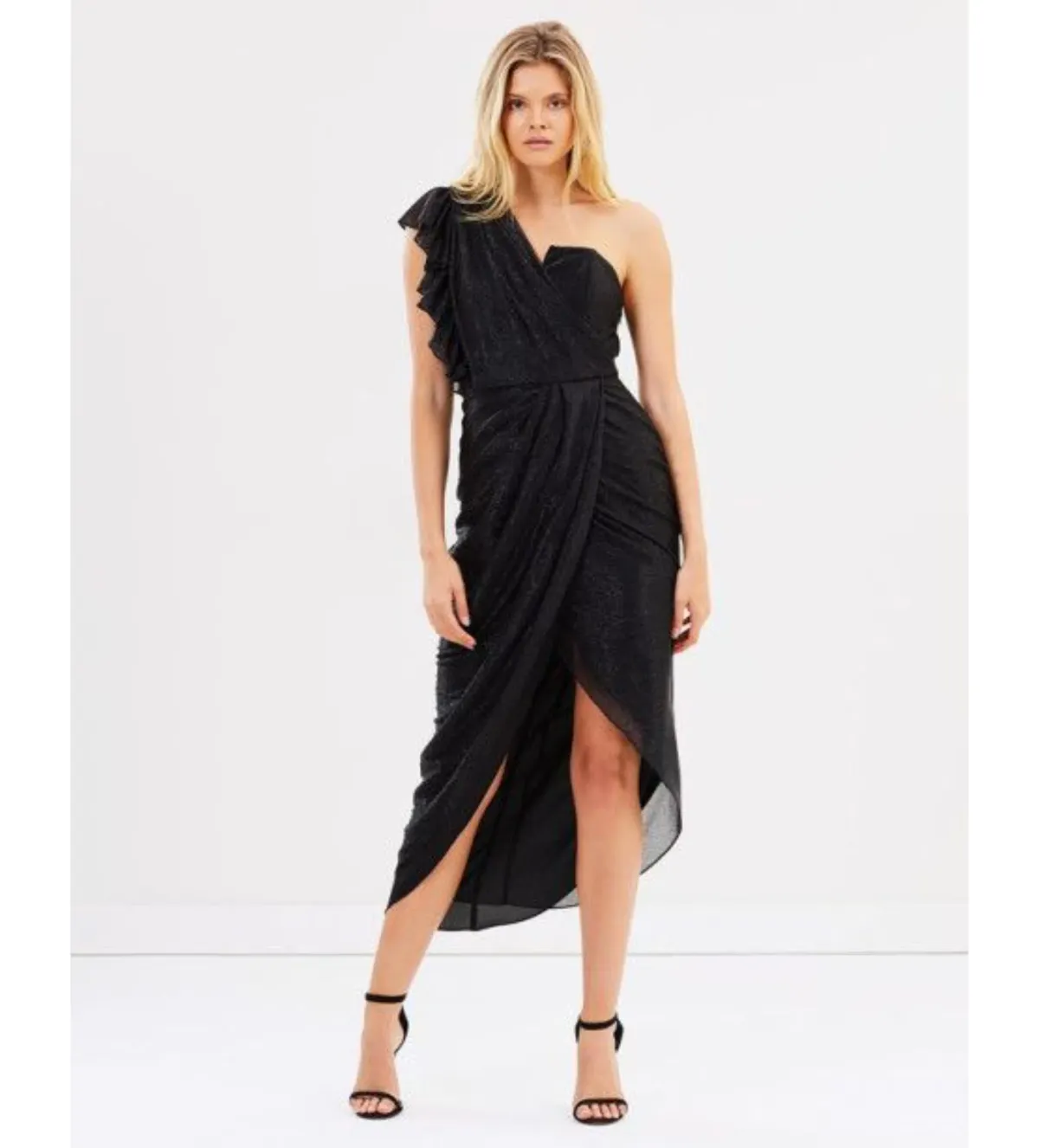 Shona Joy Cassis One-Shoulder Bustier Draped Midi Dress Black Size AU 6 for rent on The Volte - main image