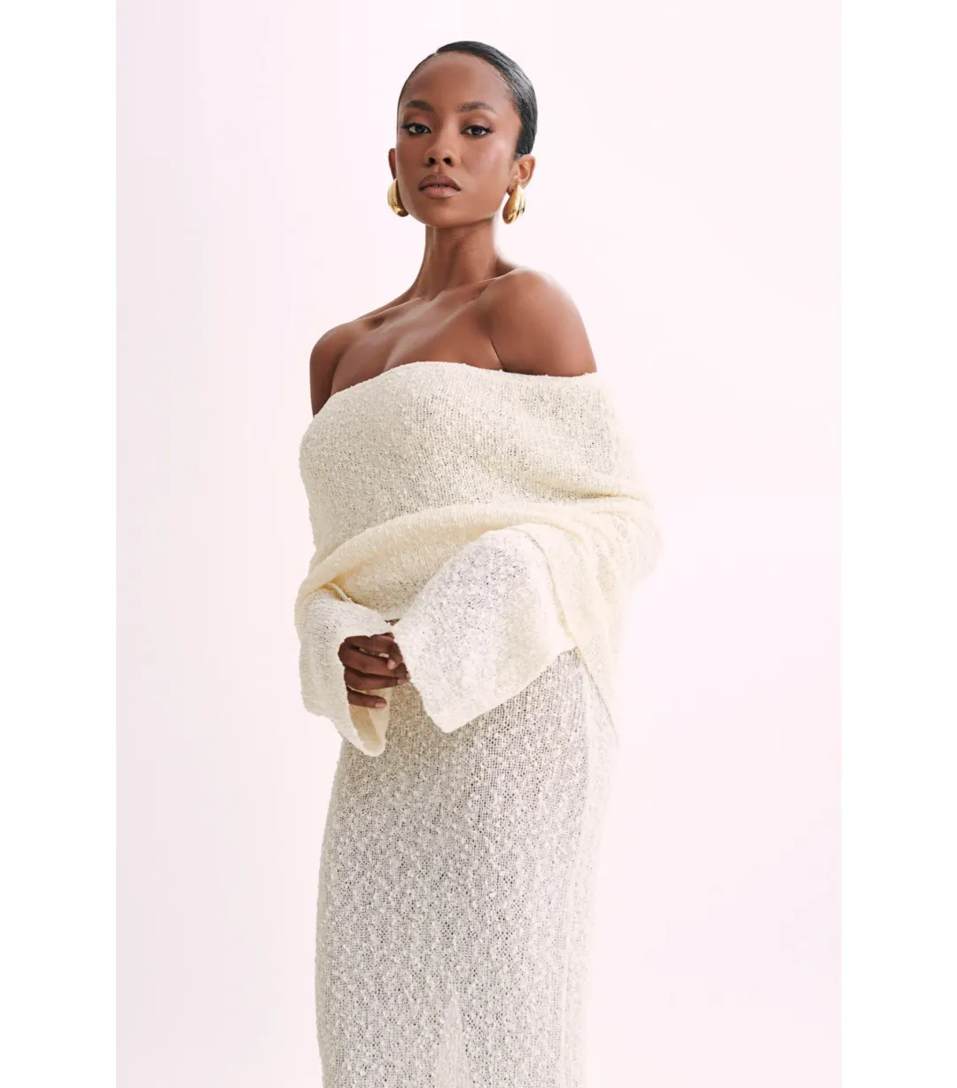 Meshki Marisol Off Shoulder Boucle Maxi Dress in Ivory Size XS / AU 6 for rent on The Volte - main image