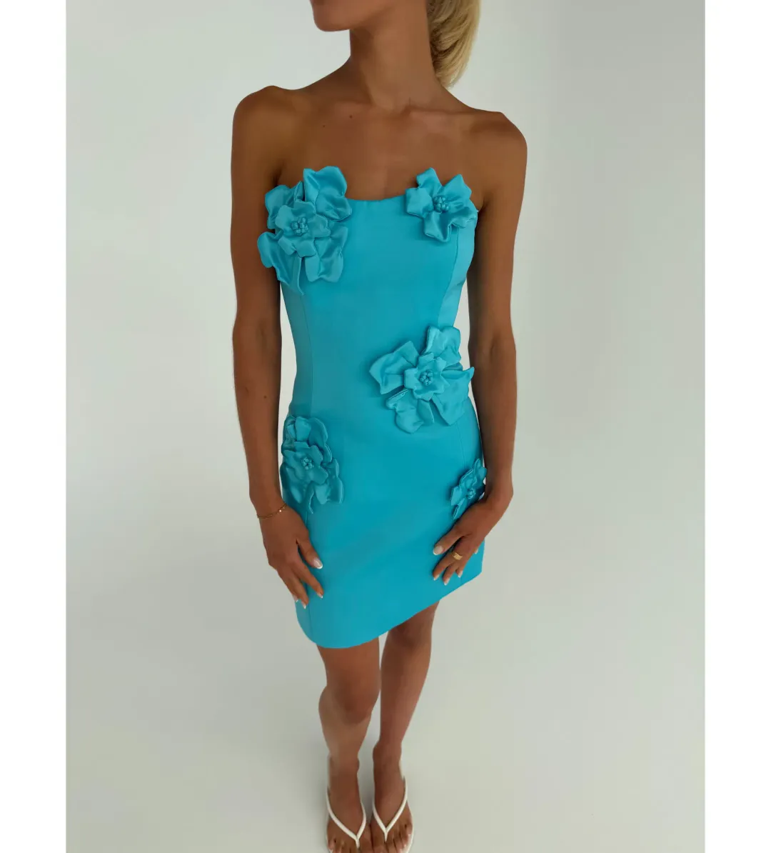 Leo Lin Rosario Petal Bustier Mini Dress in Aqua Size 10 for rent on The Volte - main image
