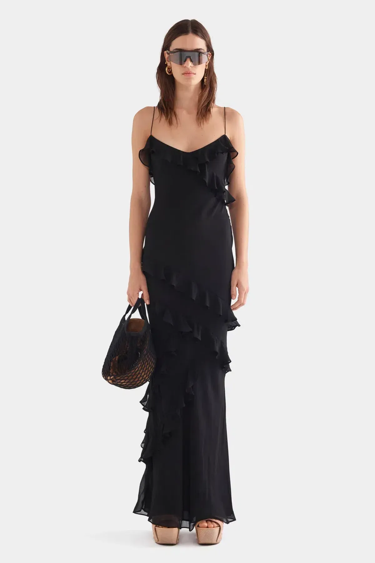 Venroy Silk Ruffle Slip Maxi Dress Black Size S / Size 8 - Image 1