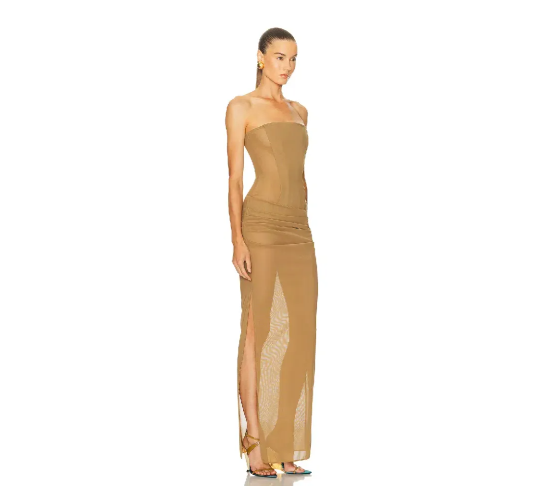Alex Perry Strapless Longline Corset Column Stretch Mesh Maxi Dress Khaki Size AU 8 for rent on The Volte - main image