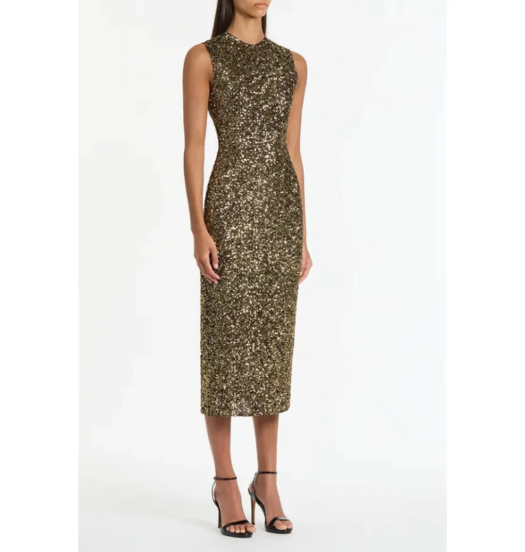 Carla Zampatti Bronze Crushed Sequin Midi Dress Gold Size 8 for rent on The Volte - main image