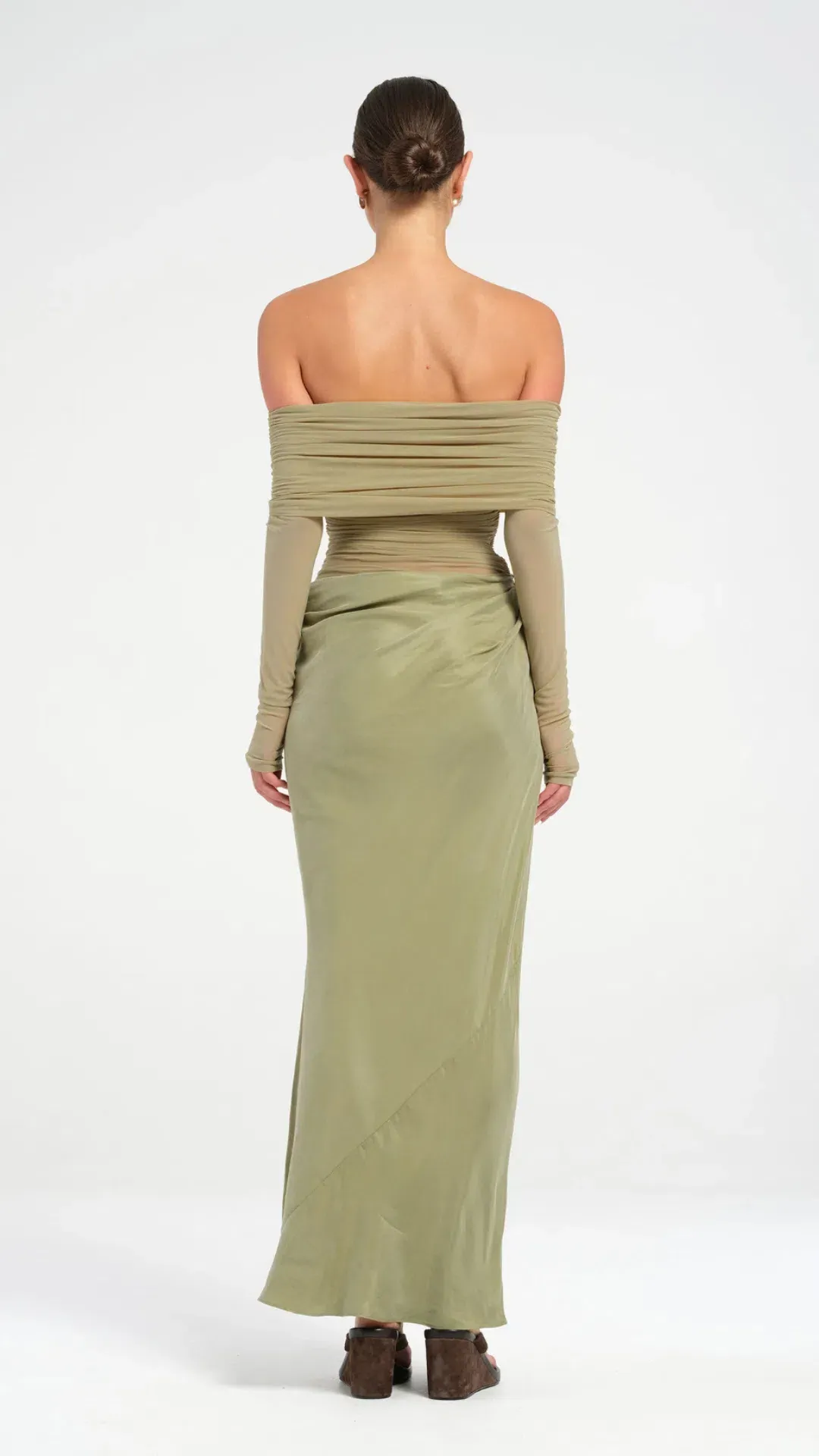 Benni Yasmin Off Shoulder Maxi Dress in Pistachio Size AU 8 for rent on The Volte - main image