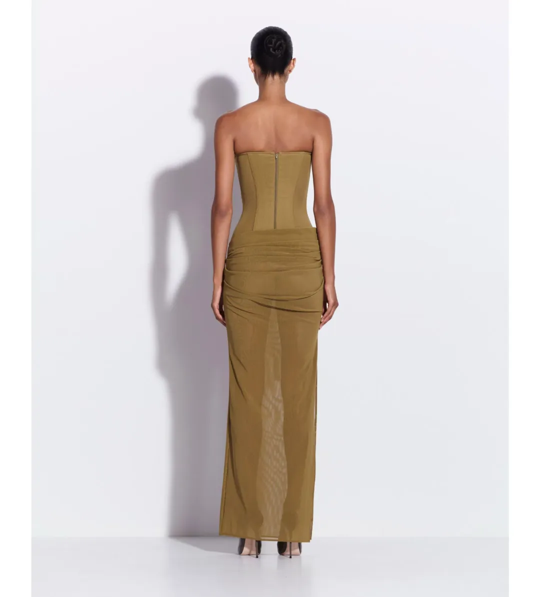 Alex Perry Strapless Longline Column in Stretch Mesh Maxi Dress Khaki Size AU 10 for rent on The Volte - main image