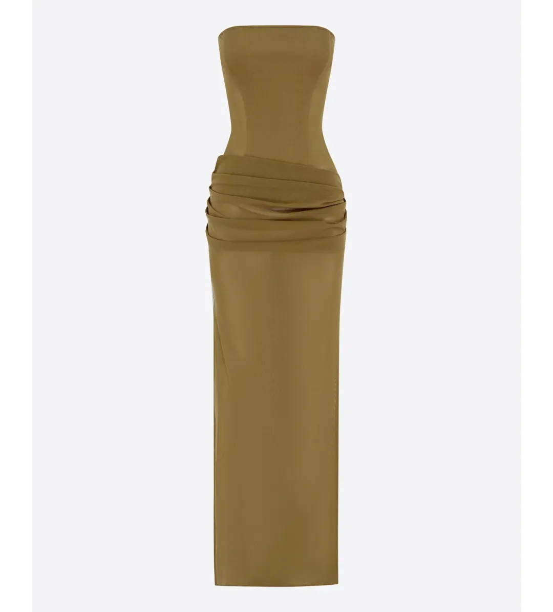 Alex Perry Strapless Longline Column in Stretch Mesh Maxi Dress Khaki Size AU 10 for rent on The Volte - main image