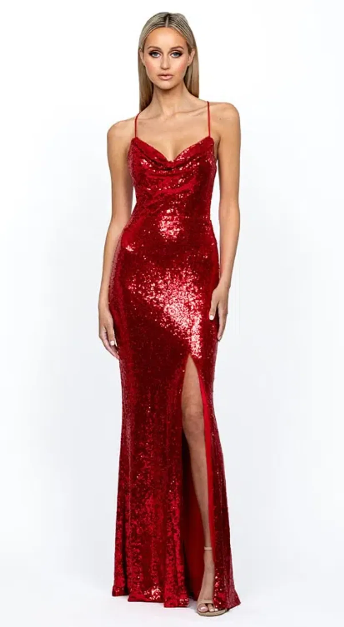 Bariano Stephanie Cowl sequin maxi gown red size 6 - Image 1