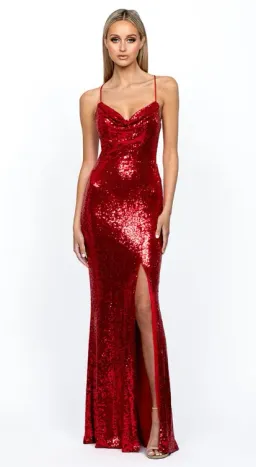 Bariano Stephanie Cowl sequin maxi gown red size 6 for rent on The Volte - image 1