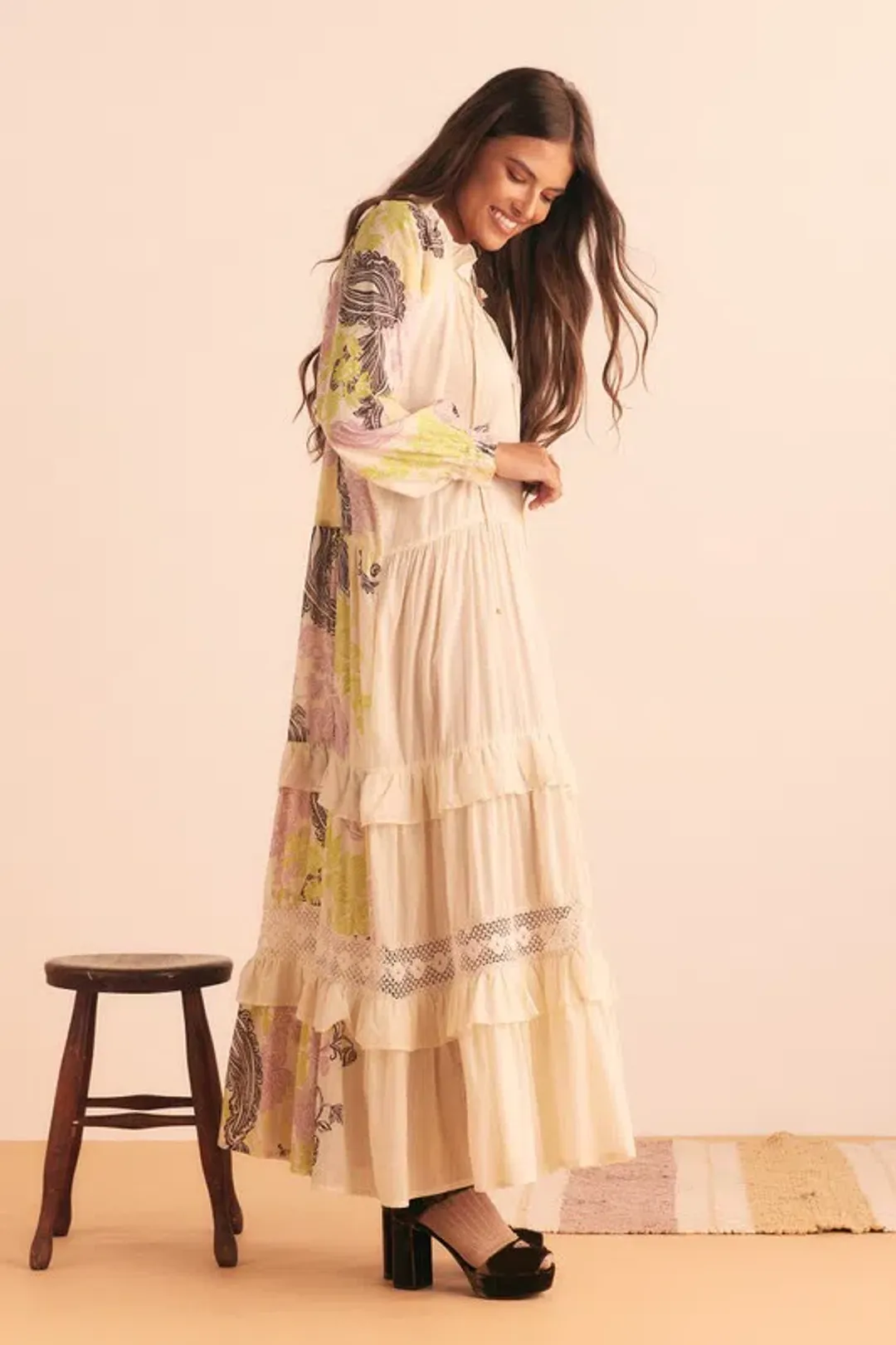 Bohemian Traders Castello Ruffle Maxi Dress Cream Size 12 for rent on The Volte - main image