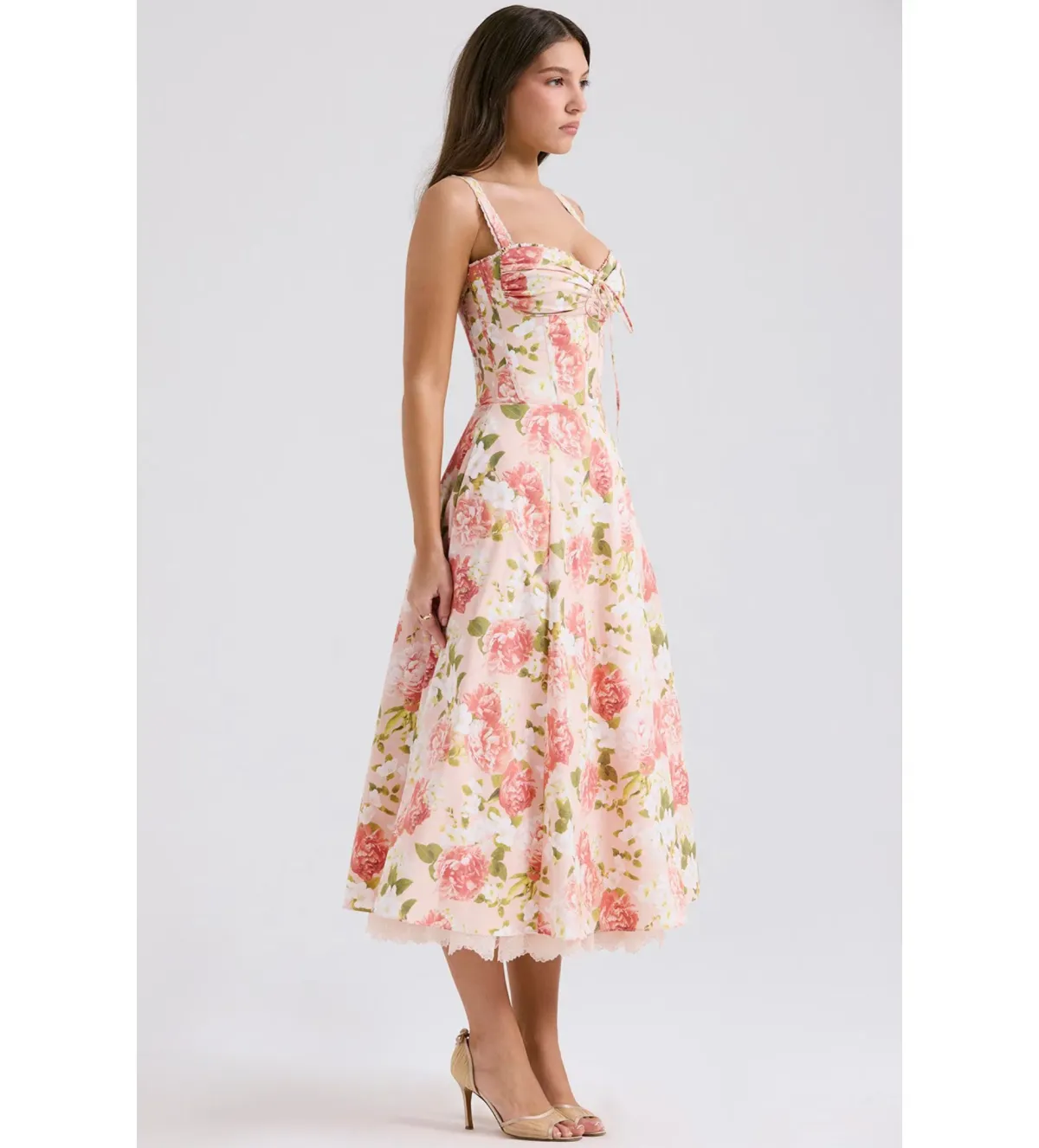 House of CB Rosalee Cotton Bustier Midi Sundress Pink Peony Print Size AU 8 - Image 2